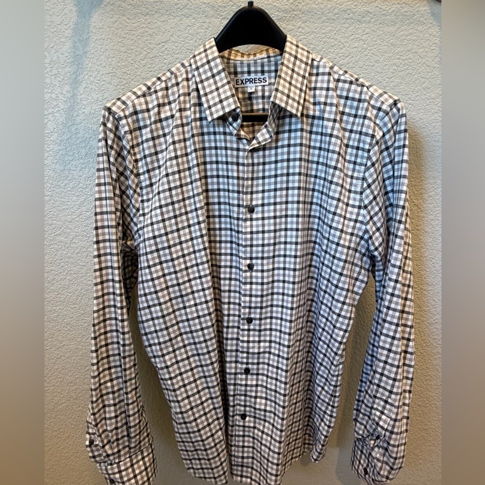 Express Men's Plaid Button-Down Shirt - White & Brown